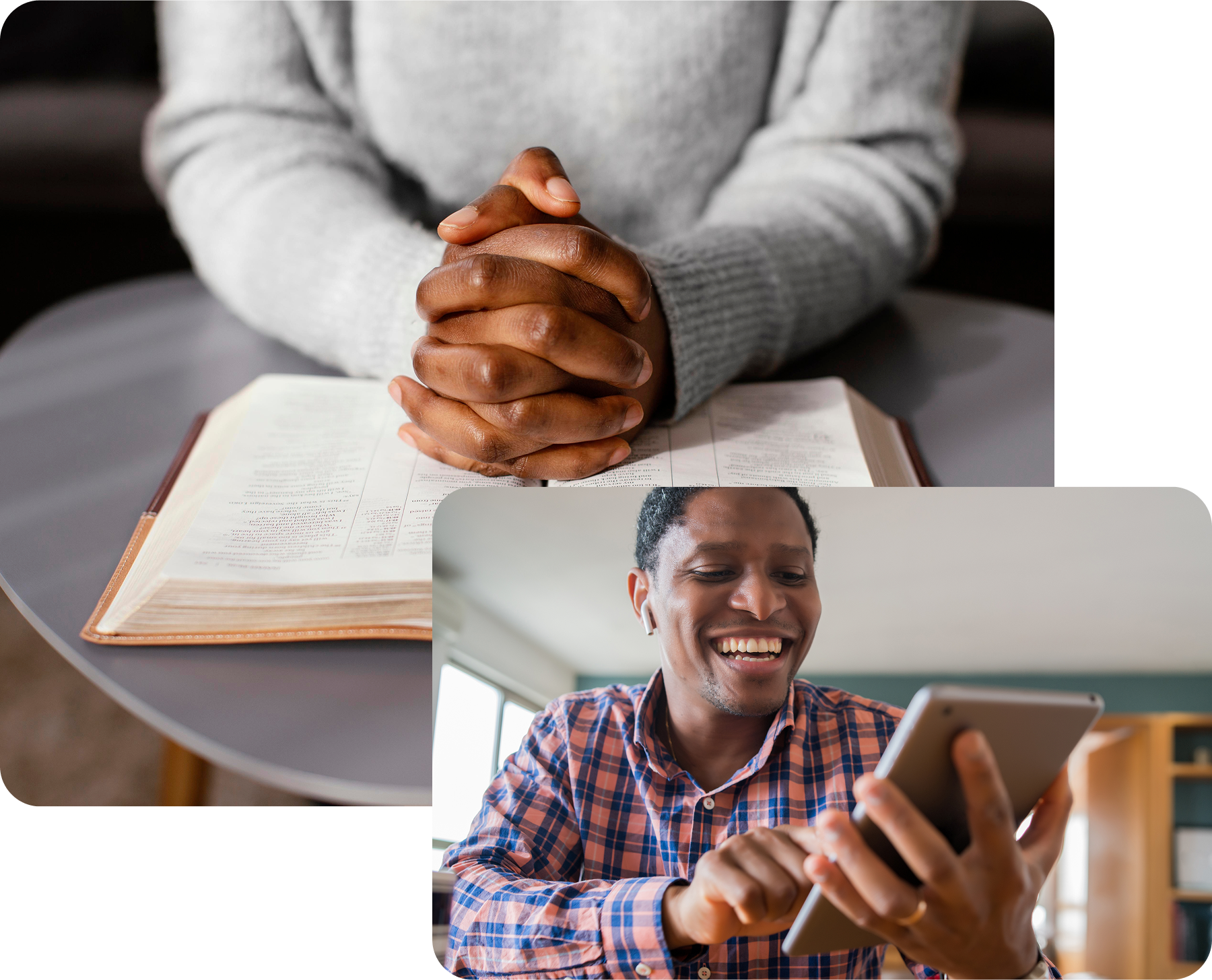 Hands praying over an open Bible